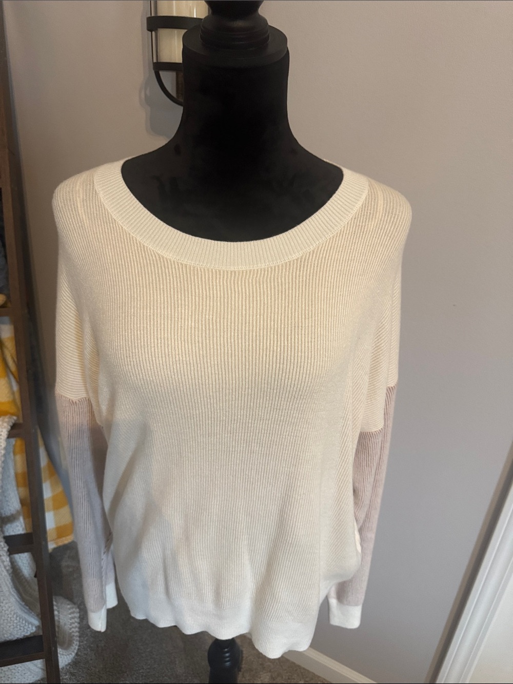 Light Cream Crewneck Sweater with Blush Sleeve Panels